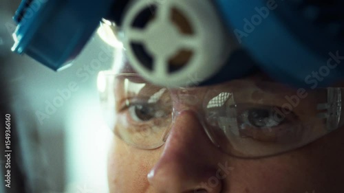 An individual is intensely focused on a specific task, wearing protective eyewear and a headpiece. The environment appears to be a workspace, emphasizing safety and precision in their work