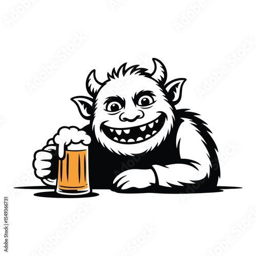 Funny devil or monster carving drinking beer silhouette vector illustration.