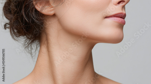 Closeup of woman smooth chin line and neck with natural skin tone and soft lighting, showing delicate facial features and calm expression
