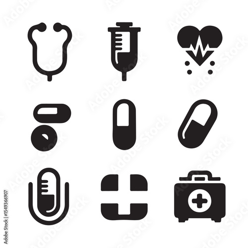 Medical Icon Set – 9 Black and White Healthcare Symbols | Vector EPS