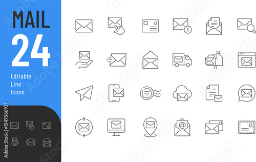 Mail Line Editable Icons set. Vector illustration in modern thin line style of communication related icons: e-mail, envelope, postal delivery, and more. Isolated on transparent background.