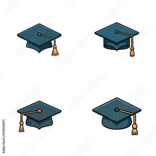 Four Dark Blue Graduation Caps with Gold Tassels Education Icons graduation hat mortarboard
