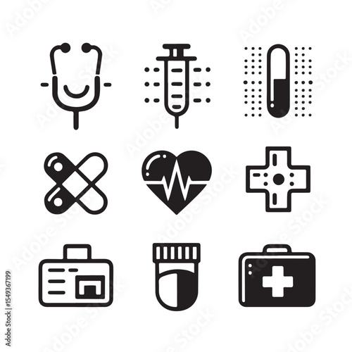 Medical Icon Set – 9 Black and White Healthcare Symbols | Vector EPS