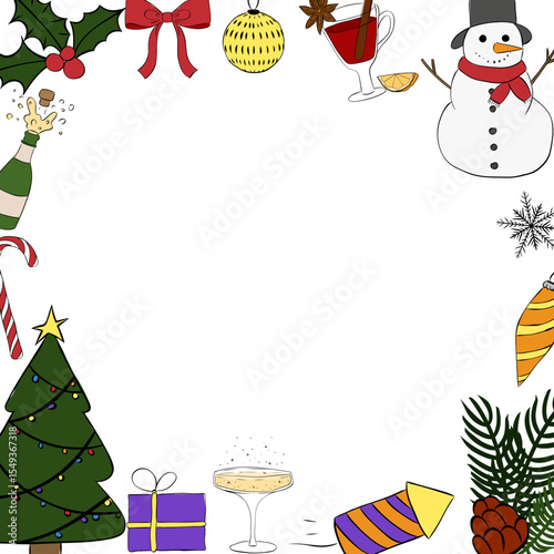 Christmas items Frame square template. Vector graphic line ink illustration. Banner, poster, wrapping paper, sticker, print, modern textile design. For logo, web, package, sticker.