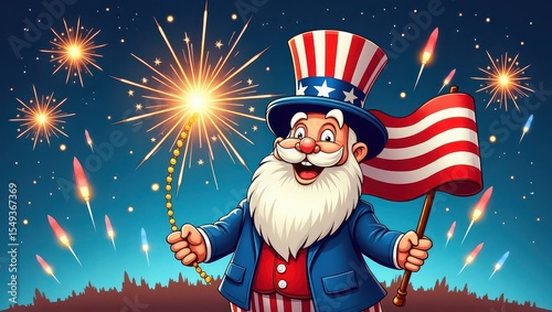 Patriotic character with american flag hat holding sparklers in front of fireworks display at night