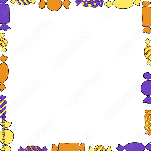 Candies sweets colored Frame square template. Vector graphic line ink illustration. Halloween Xmas border christmas and new year template. Design for package, cosmetic, textile, cards.