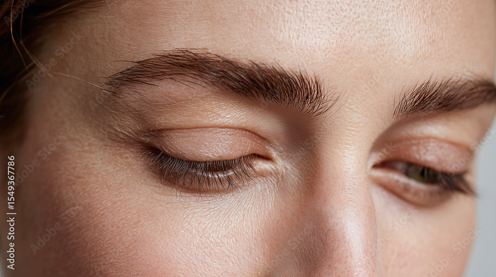 Obraz premium Closeup of eyebrow and eyelid skin showing natural texture and soft light on smooth face with closed eyes, highlighting healthy skin and gentle expression