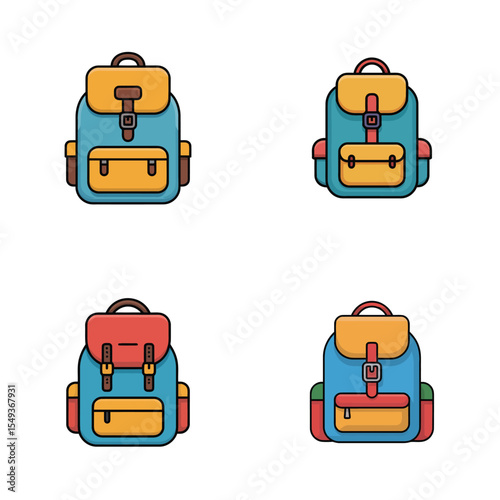 Four Colorful Backpack Icons Teal Blue Yellow Red Orange Green School Travel Bags Illustration backpacks