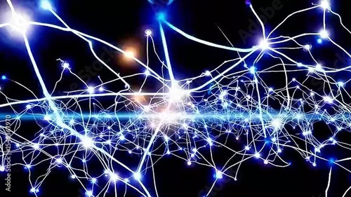 Complex network of interconnected neurons firing and transmitting electrical signals, representing brain activity, neural pathways, and neurological processes