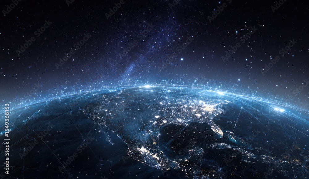 Obraz premium Digital web of light illuminates North America on a vibrant night Earth, symbolizing global connectivity.