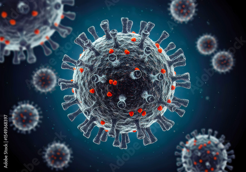Norovirus (Norwalk Virus): 3D illustration of this RNA Caliciviridae virus, the notorious cause of winter vomiting bug, triggering diarrhea & stomach pain. photo