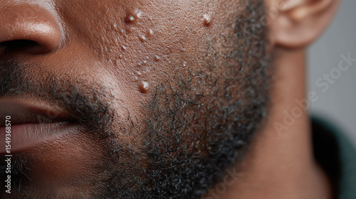 Extreme closeup of male beard area with ingrown hair and skin bumps showing detailed texture and natural facial hair growth on dark skin with visible pores and imperfections