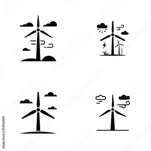 Four Black Wind Turbine Icons Set Windmill Energy Alternative Power Source Cloudy Sky Weather Symbols