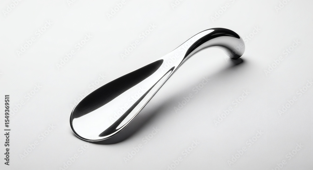 Obraz premium Closeup of a shiny metal spoon with a curved handle on white surface