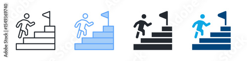 Steps Icon Set Multiple Style. Designed In Outline, Blue, Glyph, Dual Tone