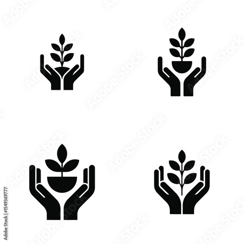 Four Black Icons Depicting Hands Protecting Growing Plants Some in Pots growth sprout
