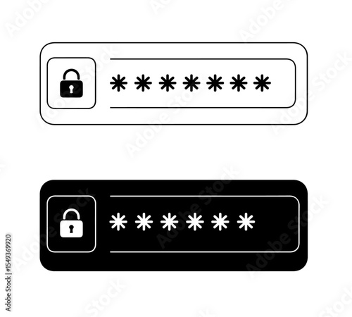Two clear black and white icons show a password input field with a padlock and asterisks, symbolizing secure login and private access.