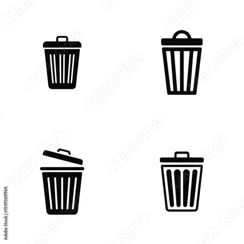 Four Black Trash Can Icons on White Background Closed Open Lid Variations garbage can recycle bin