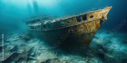 Sunken Shipwreck underwater resting on the Ocean Floor with Visible Rust and Decay