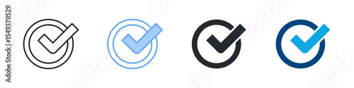 Check Icon Set Multiple Style. Designed In Outline, Blue, Glyph, Dual Tone