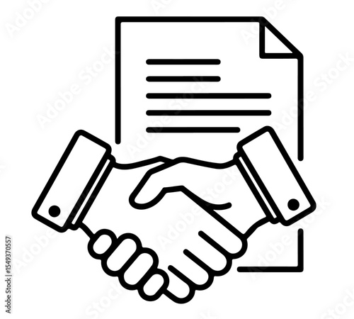 A clean black outline icon showing two hands in a handshake gesture over a document, symbolizing business agreements, contracts, partnerships, and successful deals.
