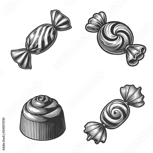 Candy and Lollipop Set collection bundle sketch engraving generative ai vector illustration. Scratch board imitation. Black and white image.
