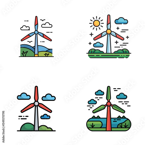 Four Colorful Wind Turbine Icons Set Green Energy Renewable Power Illustration Blue Red Windmill Landscape Nature Scene