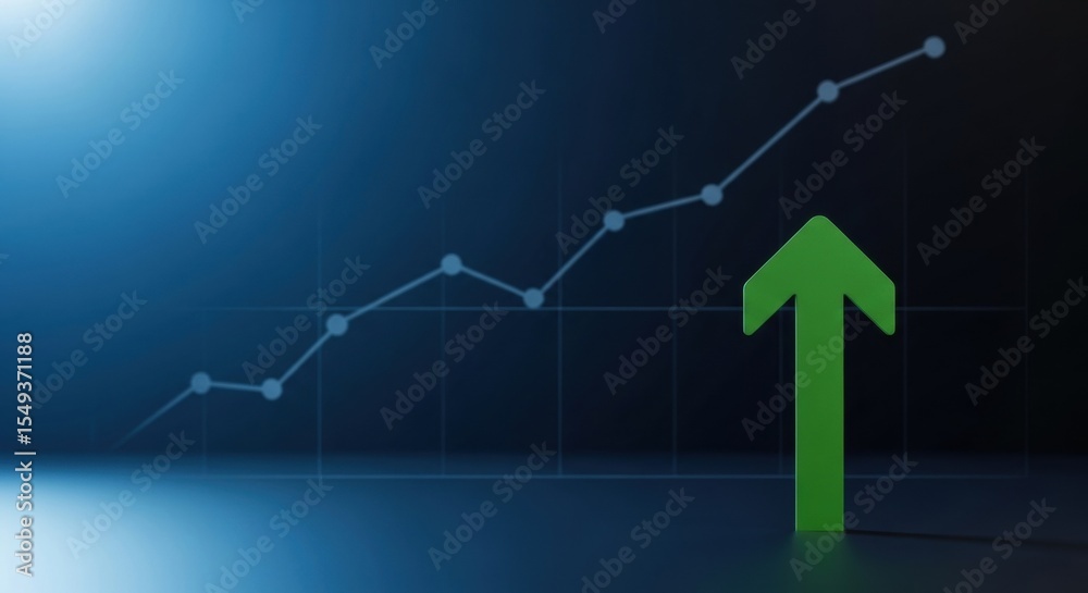 Fototapeta premium Green arrow pointing upward on financial graph. Business growth chart with rising trend line. Digital stock market data visualization for investment analysis.