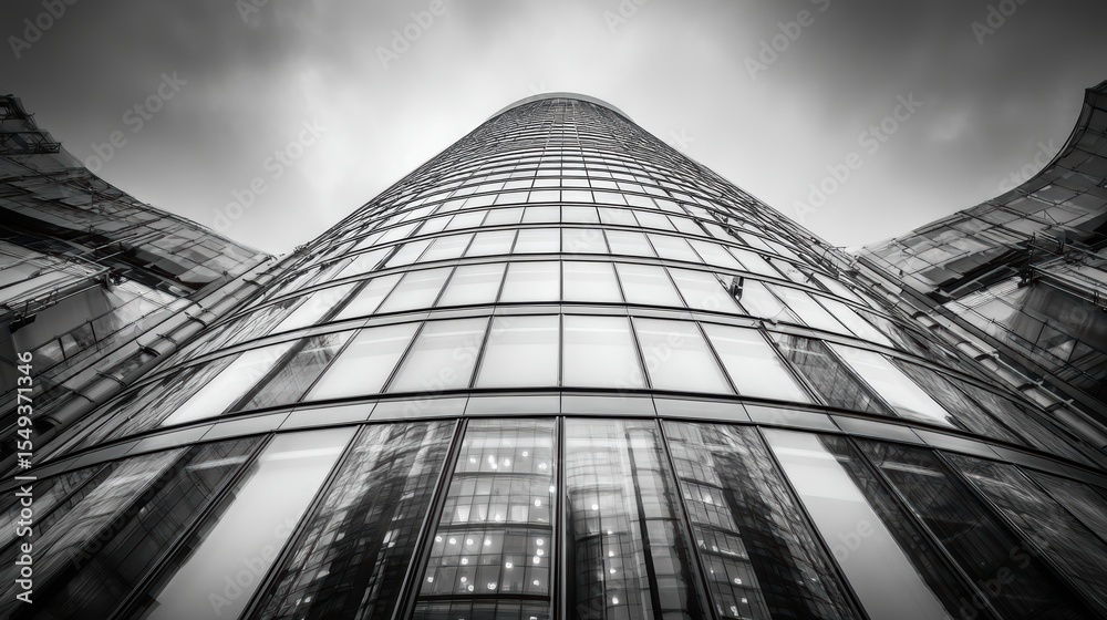 Fototapeta premium Dramatic architectural shot of a modern glass skyscraper reflected against an overcast sky in monochrome