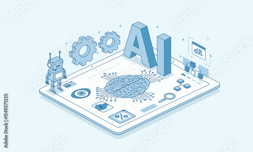 Isometric AI and Machine Learning Concept Illustration. Rendered in a clean blue monochromatic style, it's ideal for technology, computing, innovation, and futuristic concepts.