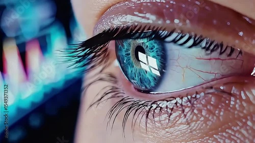 Close Up Of A Woman's Blue Eye With Glowing Orange Digital Circuit Patterns