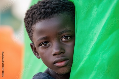 Young African refugee boy with soulful eyes, peeking from behind bright green fabric.
