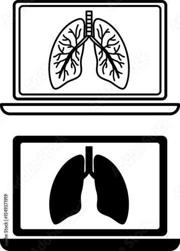 Lung Screening Icons. Black and White Vector Illustrations. Lung Examination Complex, Disease Detection. Computer Tomography, Medicine. Lung Disease Concept