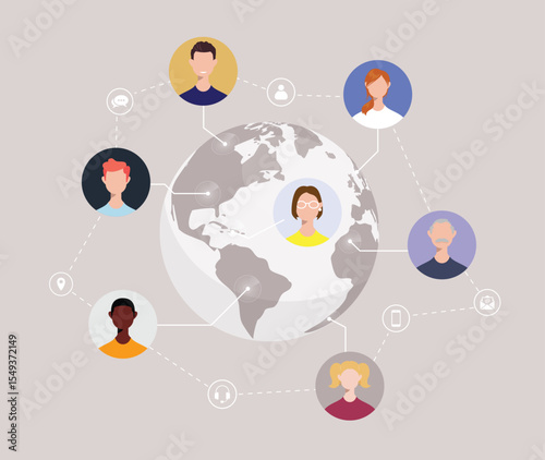 People Portraits On World Map people connection technology international relations vector illustration