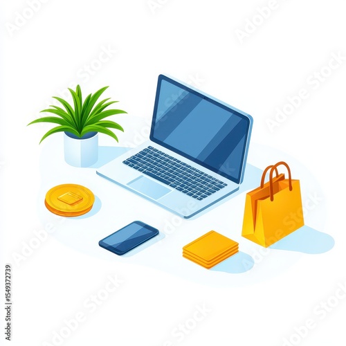 Modern Workspace with Laptop, Smartphone, Shopping Bag, and Plant
