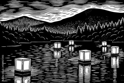 calm lakeshore at dusk with lanterns floating on the surface and mountains in the background, a black and white sketch vector
