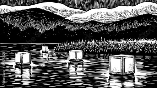 calm lakeshore at dusk with lanterns floating on the surface and mountains in the background, a black and white sketch vector