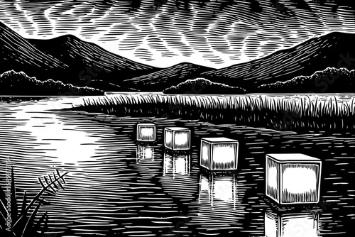 calm lakeshore at dusk with lanterns floating on the surface and mountains in the background, a black and white sketch vector
