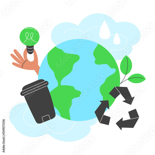Earth with green leaves, recycling symbol, water, and renewable energy around it. Flat vector illustration for Earth Day, Embracing Sustainability: Caring for Our Planet and Nature
