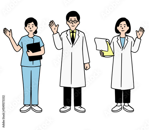 Minimalist healthcare team vector illustration. Depicts medical staff including doctors and a nurse, waving and holding documents. 