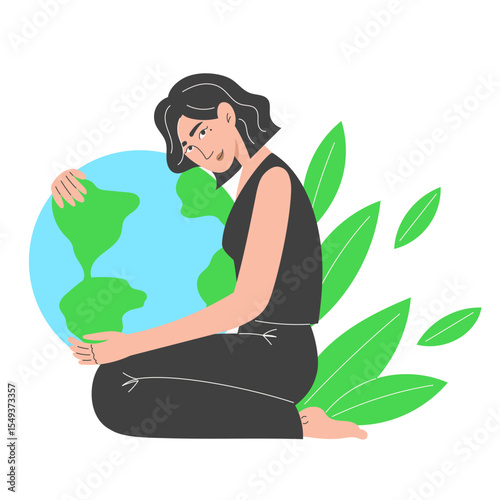 Young woman sitting on the floor, embracing the Earth, with green leaves flying from her back. Flat vector illustration for Earth Day, sustainability, and nature protection