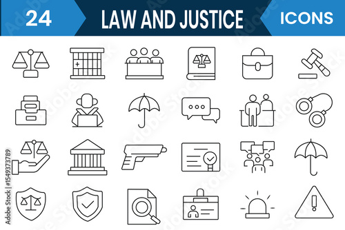 Law and justice line icon set collection. Law, Justice outline icons, vector. Icon set of  Law, judgement, prison, justice, court legal, lawyer, criminal, and more. Vector illustration.
