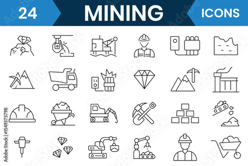 Mining line icon set collection. Set of Mining outline icon, vector symbol, Diamond, gold, mine, ore, pickaxe, coal wagon and more. Vector illustration.