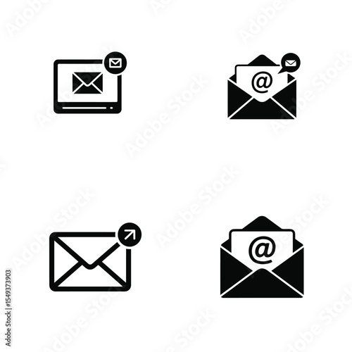Black Email Icons Set Computer Screen Envelope At Symbol Upload Message Notification image