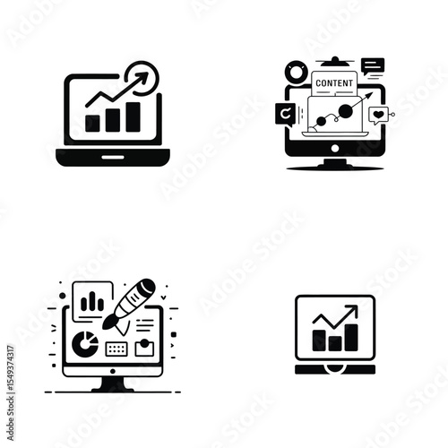 Four Black and White Icons Depicting Digital Marketing Analytics Content Creation and Growth Charts on Computer Screens Laptops