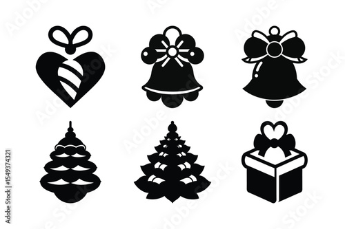 Christmas Icons Festive Ornaments, Bells, Trees, and Gifts