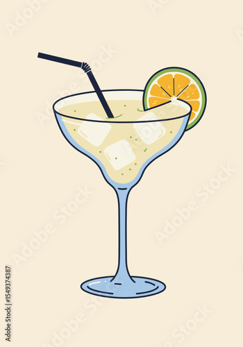 Vector illustration of Margarita cocktail with ice and lime slice on light background