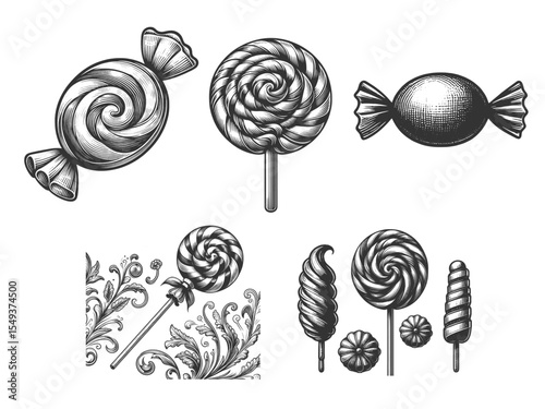 Candy and Lollipop Set collection bundle sketch engraving generative ai vector illustration. Scratch board imitation. Black and white image.