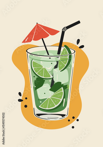 Vector illustration of refreshing mojito cocktail with lime and straw on bright background