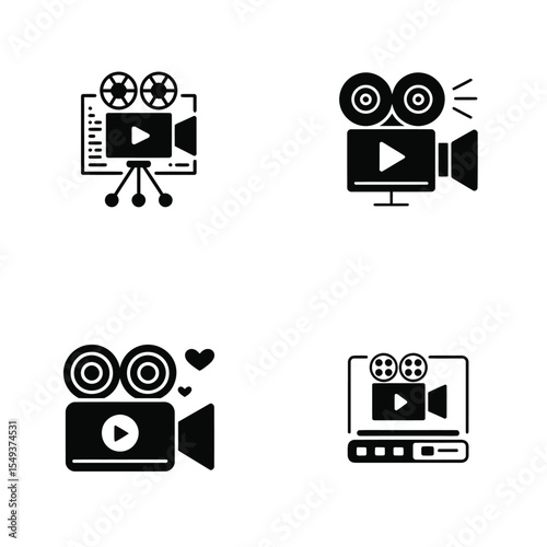 Four Black Film Camera Icons Video Production Editing Multimedia Marketing Symbols video camera movie camera